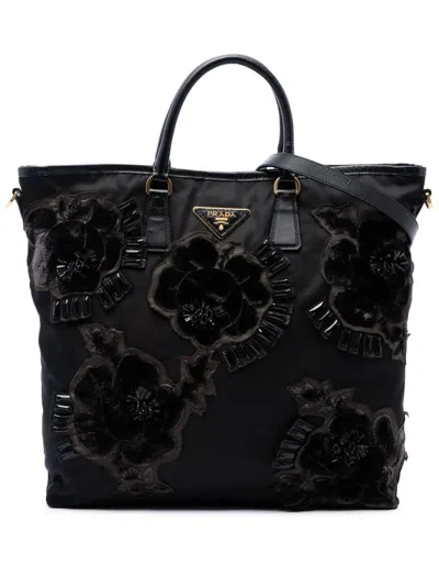 Pre-owned Prada 2013-2026 Beaded Tessuto Floral Applique Tote Satchel In Black
