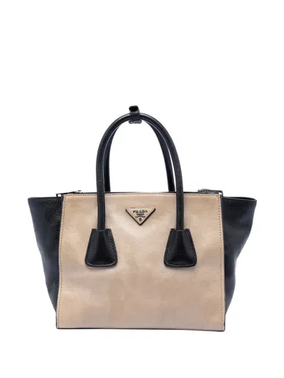 Pre-owned Prada 2013-2026 Bicolor Glace Calf Twin Pocket Double Handle Satchel In Black
