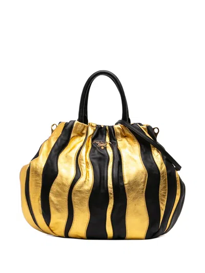 Pre-owned Prada 2013-2026 Bicolor Nappa Waves Satchel In Black