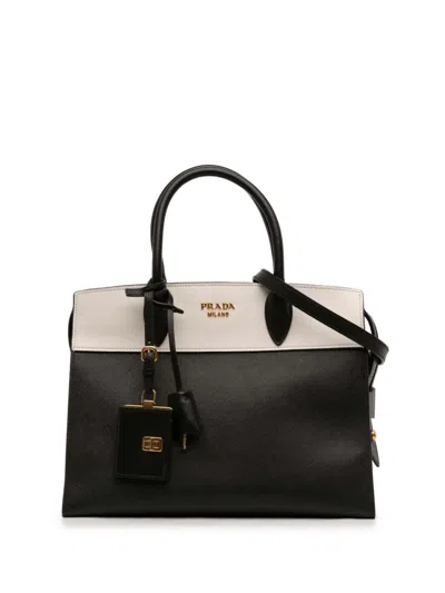 Pre-owned Prada 2013-2026 Bicolor Saffiano And City Calf Esplanade Satchel In Black