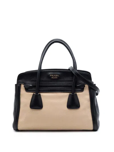 Pre-owned Prada 2013-2026 Bicolor Saffiano Cuir Trimmed Canvas Satchel In Black