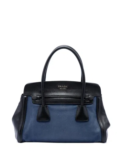 Pre-owned Prada 2013-2026 Bicolor Saffiano Cuir Trimmed Canvas Satchel In Blue