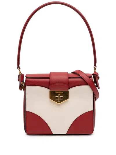 Pre-owned Prada 2013-2026 Bicolor Saffiano Turnlock Satchel In Red