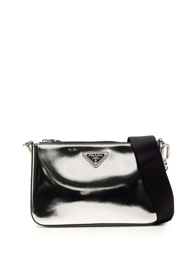 Pre-owned Prada 2013-2026 Brushed Leather Re Edition Zip Messenger Bag Crossbody Bag In Silver