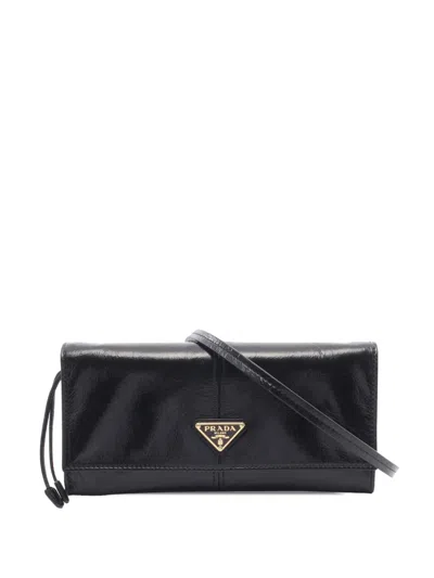Pre-owned Prada 2013-2026 Calfskin Wallet On Strap Crossbody Bag In Black