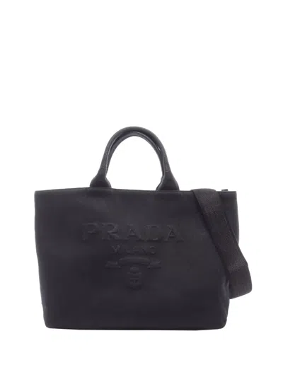 Pre-owned Prada 2013-2026 Canapa Drill Tote Satchel In Black