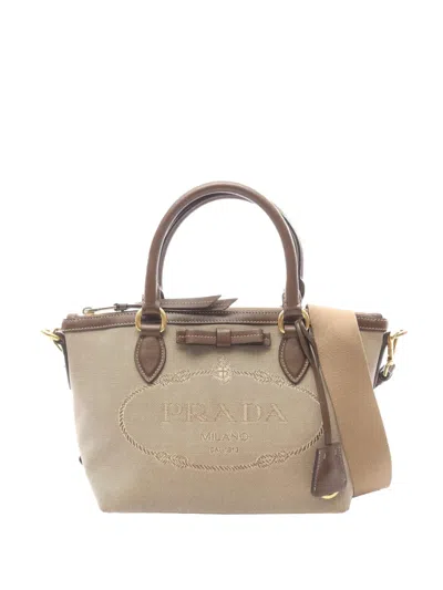 Pre-owned Prada 2013-2026 Canapa Logo Jacquard Bag Satchel In Brown