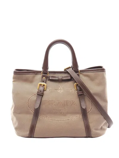 Pre-owned Prada 2013-2026 Canvas Canapa Logo Bow Satchel In Neutrals
