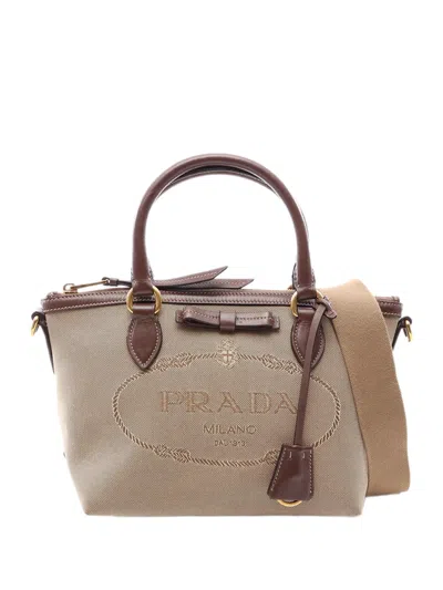 Pre-owned Prada 2013-2026 Canvas Canapa Logo Bow Satchel In Neutrals
