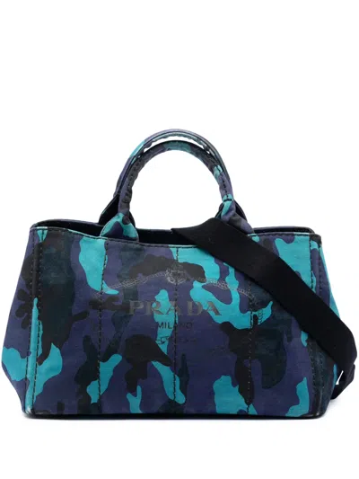 Pre-owned Prada 2013-2026 Canvas Canapa Logo Camouflage Satchel In Blue