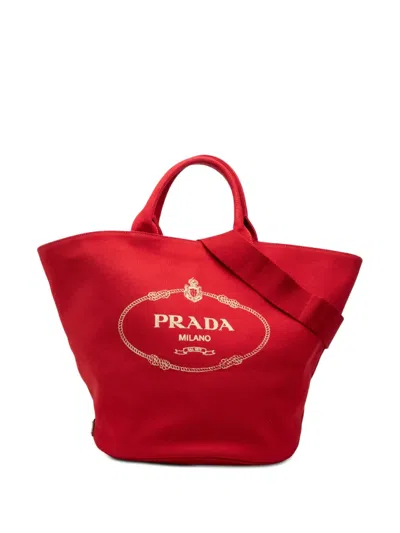 Pre-owned Prada 2013-2026 Canvas Canapa Logo Satchel In Red
