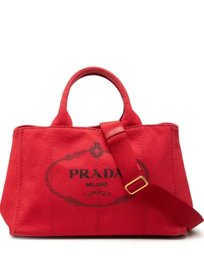 Pre-owned Prada 2013-2026 Canvas Canapa Logo Satchel In Red