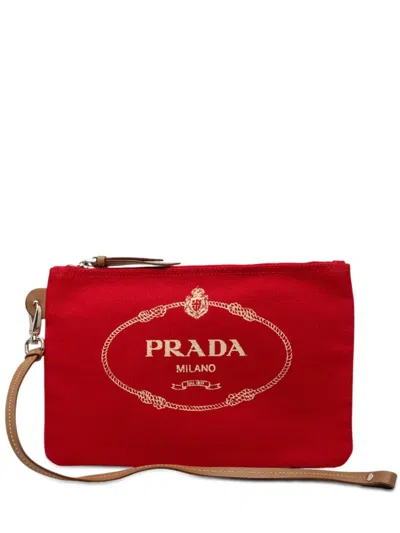 Pre-owned Prada 2013-2026 Canvas Canapa Logo Wristlet Pouch In Red