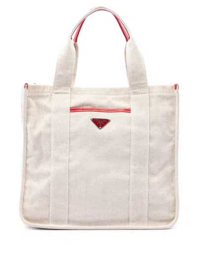 Pre-owned Prada 2013-2026 Canvas Canapa Mistolino Shopping Tote Bag In Brown