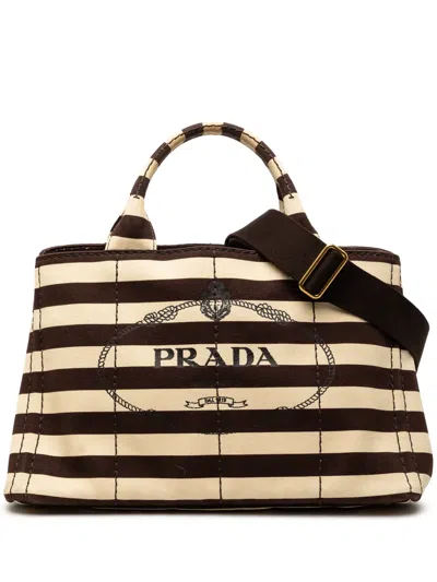 Pre-owned Prada 2013-2026 Canvas Canapa Righe Striped Satchel In Brown