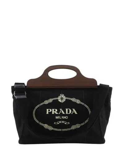 Pre-owned Prada 2013-2026 Canvas Wood Handle Canapa Logo Satchel In Black