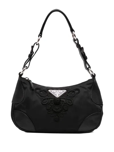 Pre-owned Prada 2013-2026 Cervo Antik Trimmed Tessuto Passamaneria Shoulder Bag In Black