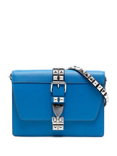 Pre-owned Prada 2013-2026 City Calf And Saffiano Studded Elektra Crossbody Bag In Blue