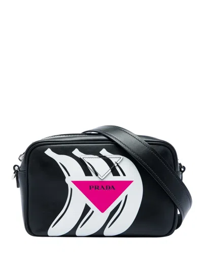 Pre-owned Prada 2013-2026 City Calf Banana Print Camera Bag Crossbody Bag In Black