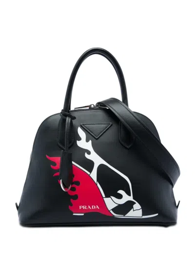 Pre-owned Prada 2013-2026 City Calf Flame Heels Print Promenade Satchel In Black