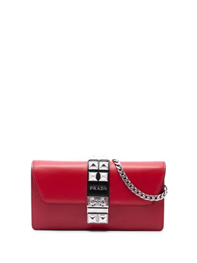 Pre-owned Prada 2013-2026 City Calfskin Studded Elektra Clutch With Chain Crossbody Bag In Red