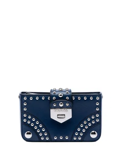 Pre-owned Prada 2013-2026 City Calfskin Studded Elektra Turn Lock Clutch Bag In Blue