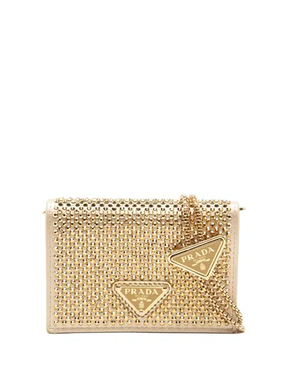Pre-owned Prada 2013-2026 Crystal Embellished Satin Card Holder With Chain Crossbody Bag In Gold