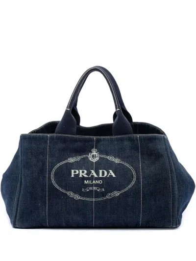 Pre-owned Prada 2013-2026 Denim Canapa Logo Tote Bag In Blue