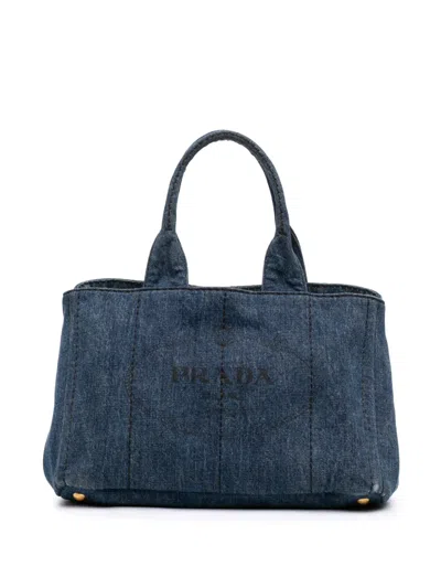 Pre-owned Prada 2013-2026 Denim Canapa Logo Tote Satchel In Blue