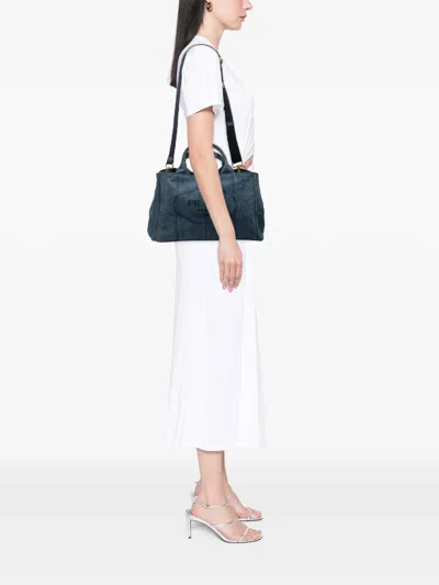 Pre-owned Prada 2013-2026 Denim Canapa Logo Tote Satchel In Blue