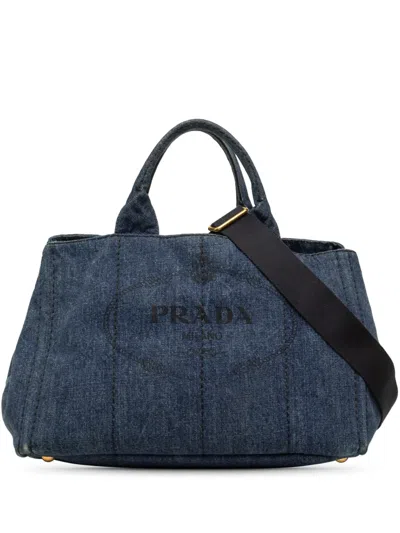 Pre-owned Prada 2013-2026 Denim Canapa Logo Tote Satchel In Blue