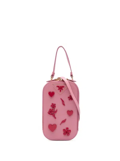 Pre-owned Prada 2013-2026 Embellished Saffiano Lux Phone Pouch Satchel In Pink