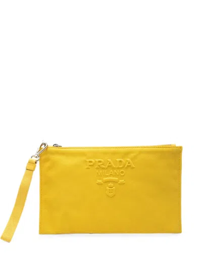 Pre-owned Prada 2013-2026 Embossed Logo Canvas Wristlet Clutch Bag In Yellow