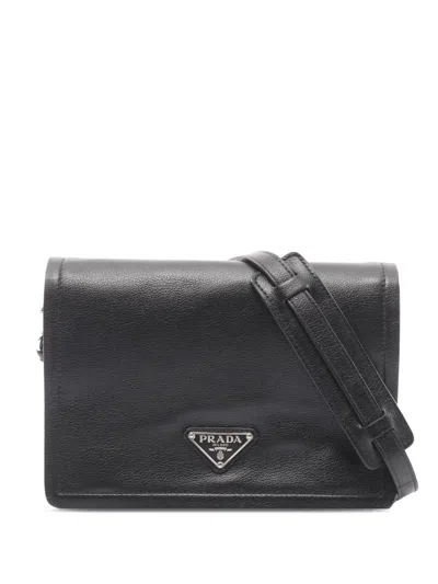 Pre-owned Prada 2013-2026 Glace Calf Flap Shoulder Bag In Black
