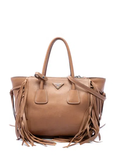 Pre-owned Prada 2013-2026 Glace Calf Fringed Twin Pocket Satchel In Brown