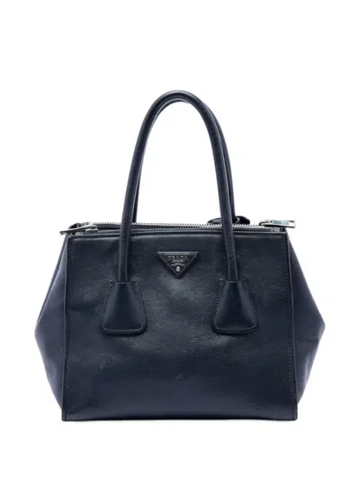 Pre-owned Prada 2013-2026 Glace Calf Twin Pocket Double Handle Satchel In Blue