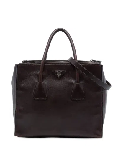 Pre-owned Prada 2013-2026 Glace Calf Twin Pocket Double Handle Satchel In Brown