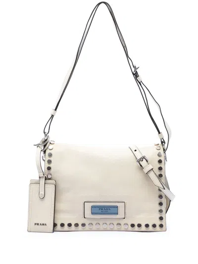 Pre-owned Prada 2013-2026 Glace Calfskin Studded Etiquette Flap Satchel In White