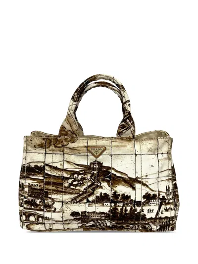 Pre-owned Prada 2013-2026 Large Canvas Canapa Azulejos Satchel In Brown
