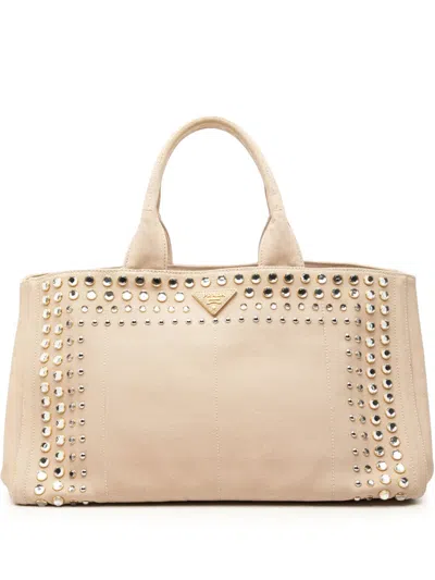 Pre-owned Prada 2013-2026 Large Canvas Canapa Bijoux Satchel In Neutrals