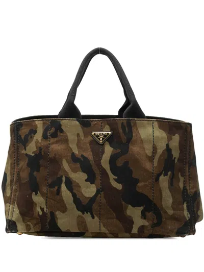Pre-owned Prada 2013-2026 Large Canvas Canapa Camouflage Stampata Tote Bag In Brown