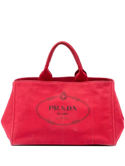 Pre-owned Prada 2013-2026 Large Canvas Canapa Logo Satchel In Red