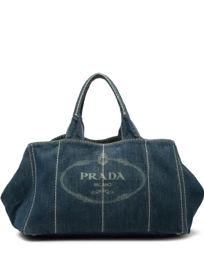 Pre-owned Prada 2013-2026 Large Denim Canapa Logo Satchel In Blue