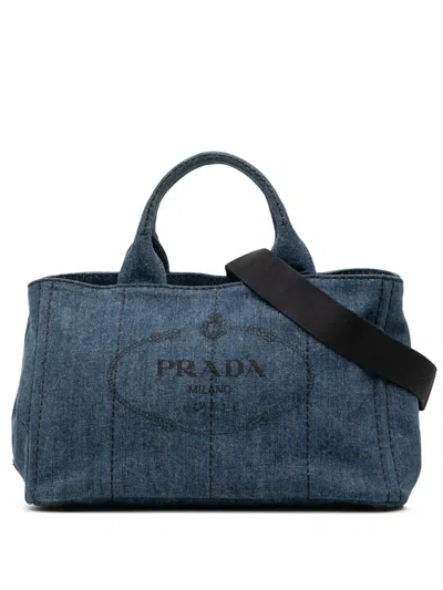 Pre-owned Prada 2013-2026 Large Denim Canapa Logo Satchel In Blue