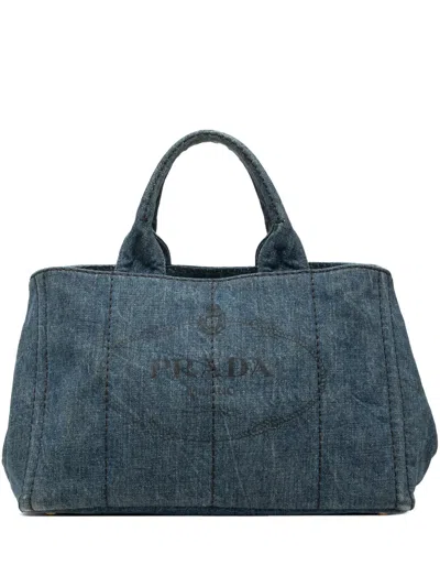 Pre-owned Prada 2013-2026 Large Denim Canapa Logo Satchel In Blue