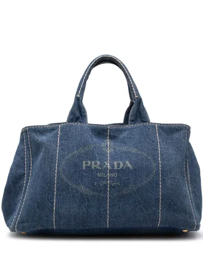 Pre-owned Prada 2013-2026 Large Denim Canapa Logo Satchel In Blue