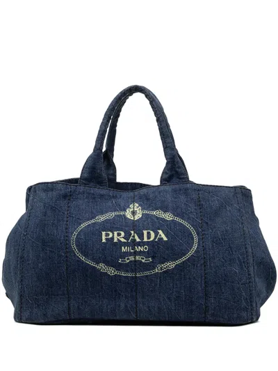 Pre-owned Prada 2013-2026 Large Denim Canapa Logo Satchel In Blue