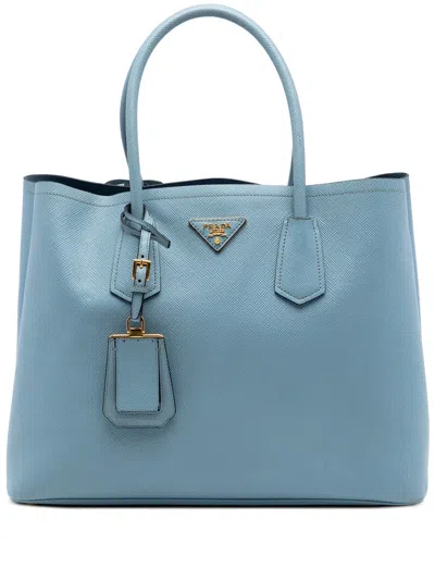 Pre-owned Prada 2013-2026 Large Saffiano Cuir Double Satchel In Blue