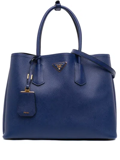 Pre-owned Prada 2013-2026 Large Saffiano Cuir Double Satchel In Blue