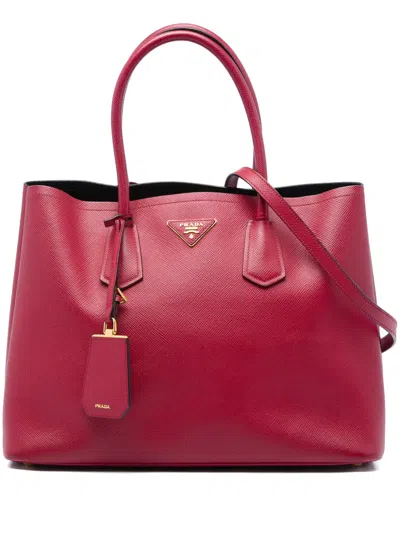 Pre-owned Prada 2013-2026 Large Saffiano Cuir Double Satchel In Red